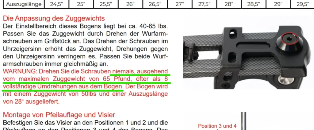 Abschnitt einer Anleitung mit dem Hinweis zum Einstellen des Auszugs mit der Angabe der maximalen Umdrehungen